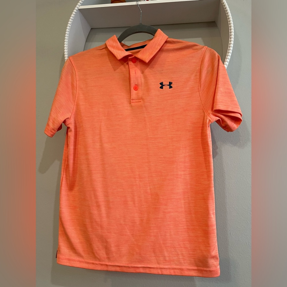Under Armor Heatgear polo style shirt.  Bright orange with navy emblem.